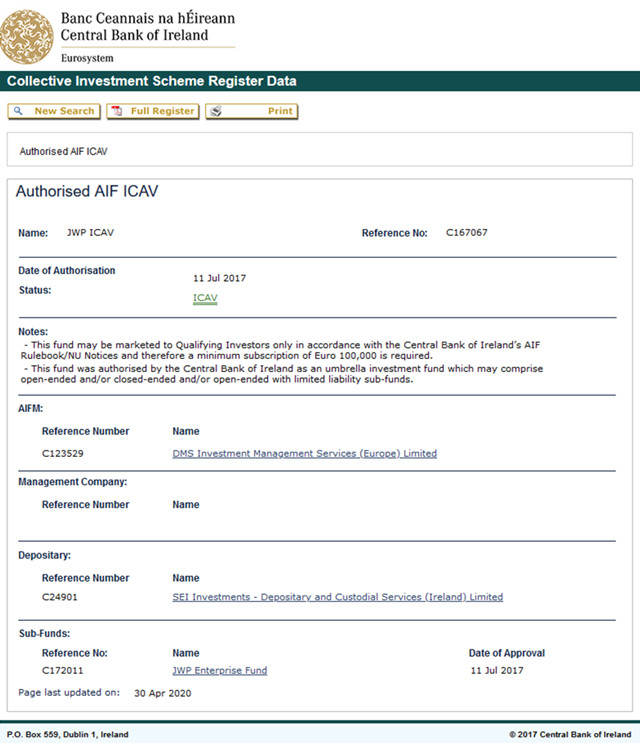 爱尔兰JWP基金在爱尔兰中央银行（CBI）的注册信息截图